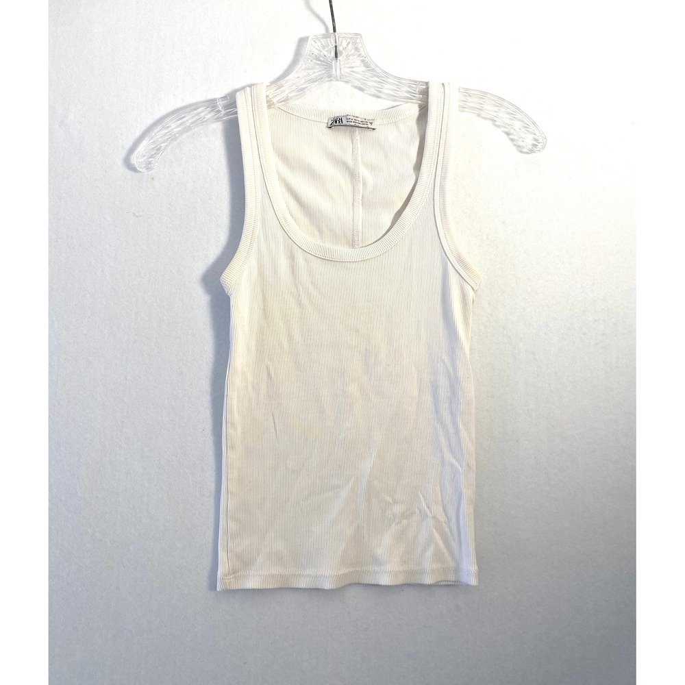 Zara Women Ribbed Knit Cropped Tank Top Cream Off White Scoop Neck Size Small